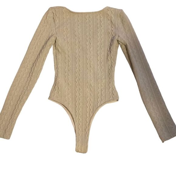 Meek Tan Cable Knit Surplice Bodysuit Size Small - Picture 9 of 11